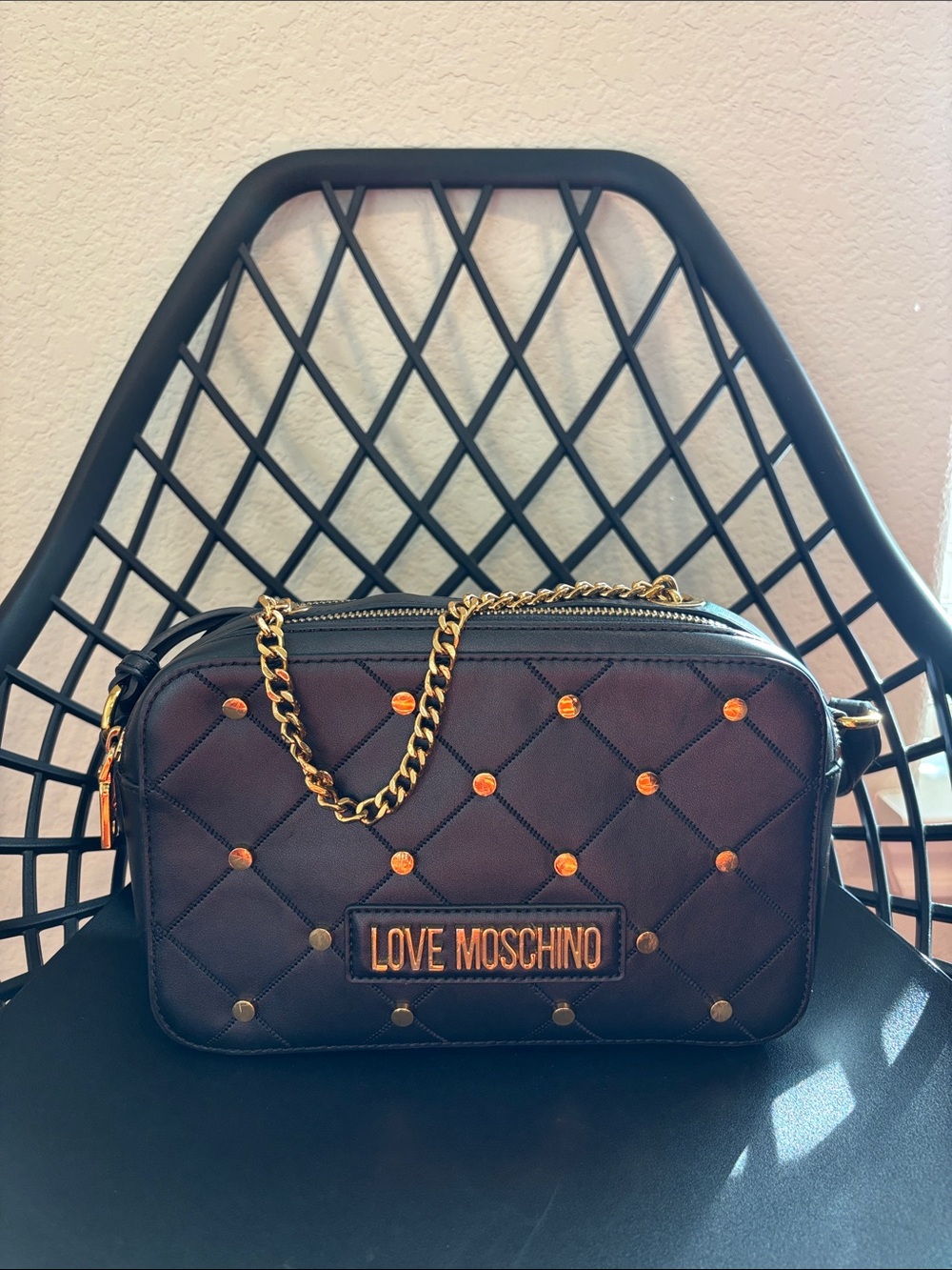 Love Moschino studded quilted crossbody bag gold hardware in black faux leather
